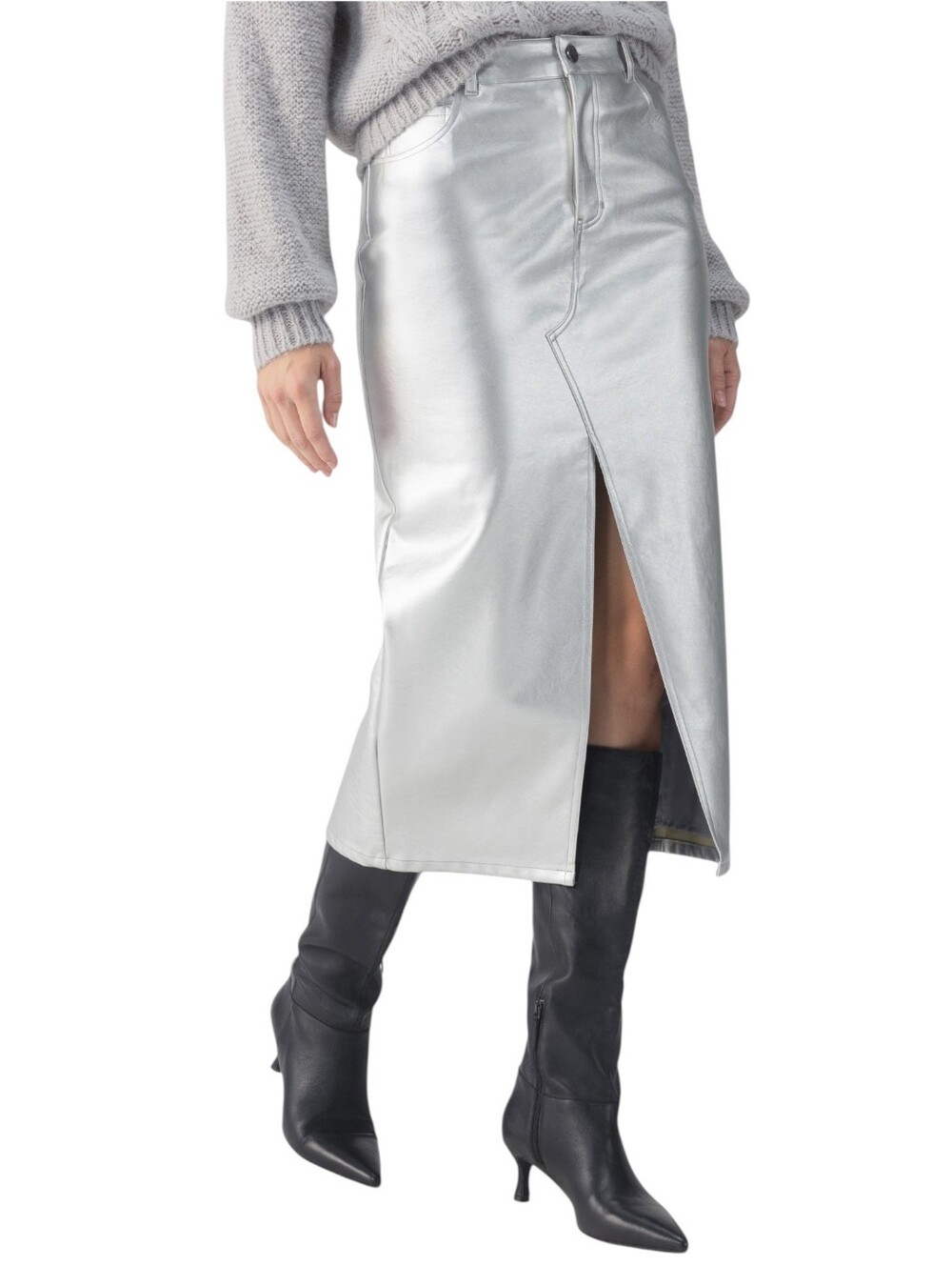 Sanctuary Silver Midi Skirt Faux Leather Metallic Front Slit Sizes 28 or 30